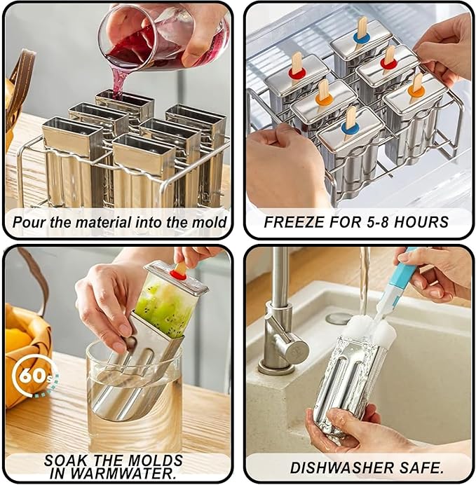 Set of 6 Stainless Steel Popsicle Molds Kit, Metal Popsicle Moulds,Homemade Ice Treat Makerwith 50 Wooden Sticks and 6 Silicone Seals and 20 Pop Bags,Cleaning Brush（semi-circular）