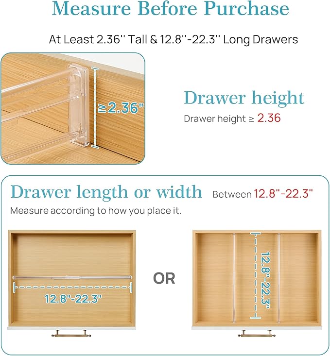 Vtopmart 2.36” Drawer Dividers with Expandable Inserts and 25 PCS Clear Plastic Drawer Organizers Set