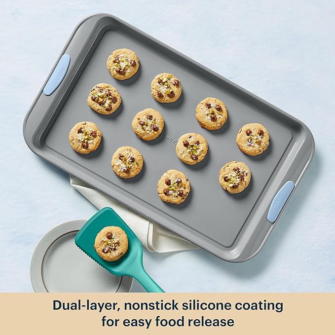 Pyrex (8-Piece) Metal Bakeware Set, Lightweight Stainless Steel Baking Trays with Heatsafe Silicone Handles, Cookie & Muffin Sheets, Round/Square Baking Pans, Cerulean