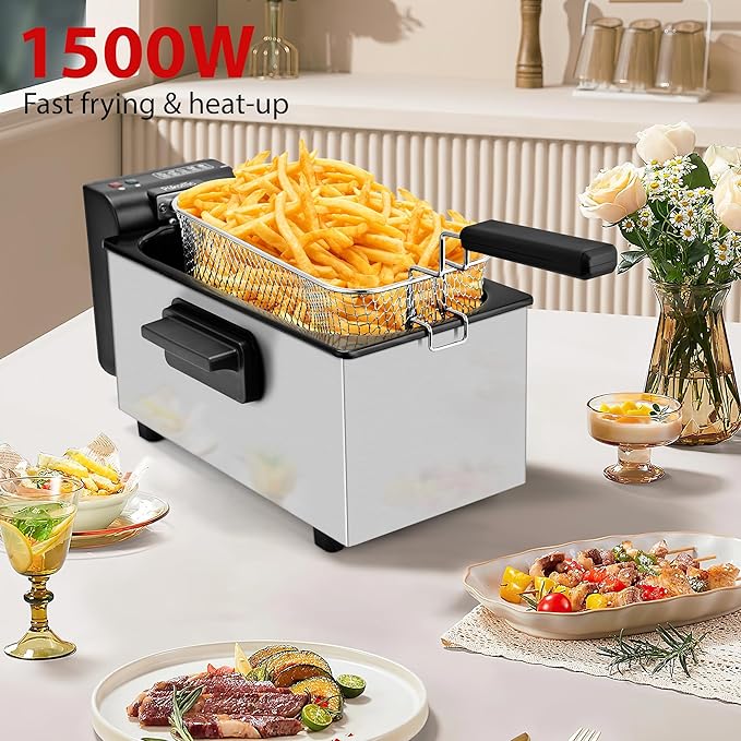 Pukomc Deep Fryer 3 Liter Capacity,1500W Oil Fryer with Adjustable Temperature,Viewing Window,Detachable Frying Basket,Made of Stainless Steel Material and Easy to Clean