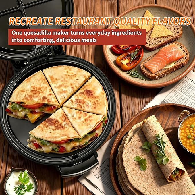 Electric Quesadilla Maker, 9.5'' Quesadilla Press with Extra Stuffing Latch, Easy Slice 6 Wedge, Grilled Cheese Corn Flour Tortilla Snacks, Nonstick Plates, Easy to Clean, Non-Slip Feet, Black