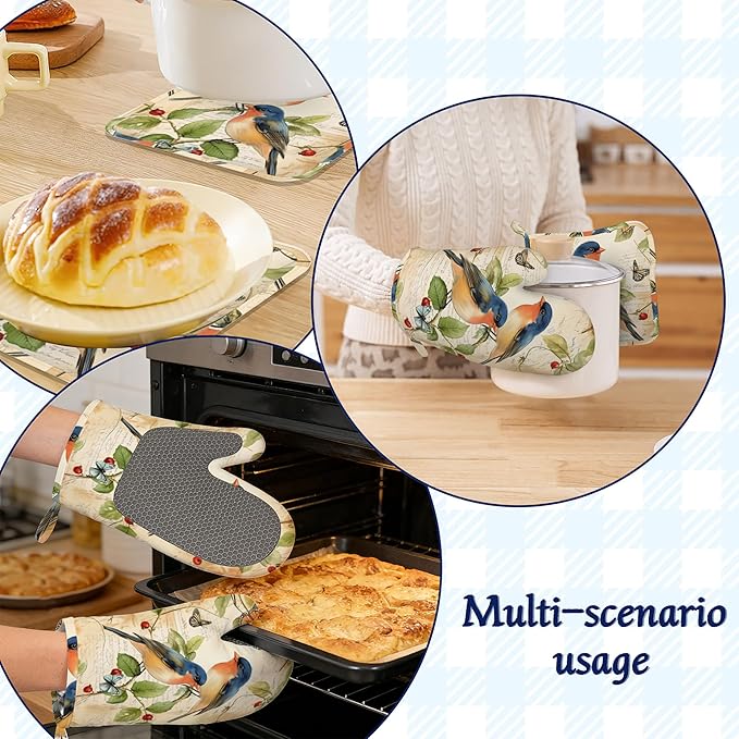 Vintage Bird Floral Potholders & Oven Mitts Sets Vermilion Bird Silicone Heat Resistant Oven Mits and Hot Pads Non-Slip Pot Holders Gloves for Kitchen Chef Cooking Baking Grilling BBQ