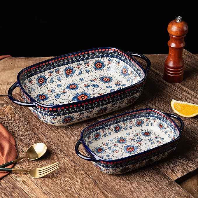 Baking Dish Ceramic Baking Pan Blue Casserole Dish Rectangular Baking Set 2pcs Bakeware Sets Single Serving Size Lasagna Pan Baking Dishes for oven (Blue plasma grass)