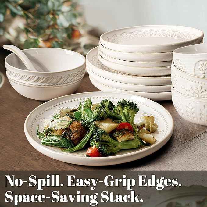 Artena Plates And Bowls Sets, 16 Pieces Dinnerware Sets, Dish Set For 4, Ceramic Kitchen Bowl And Plate Set, Embossed White Dishware Sets, Dishwasher & Microwave Safe (Wheat Leaf)
