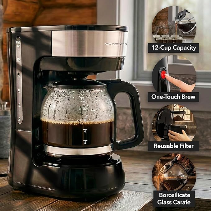 OVENTE 12-Cup Drip Coffee Maker with Borosilicate Glass Carafe, One-Touch Operation Machine, Anti-Drip System, Reusable Filter and Clear View Water Level Gauge, Ideal for Home or Office, Black CM412B