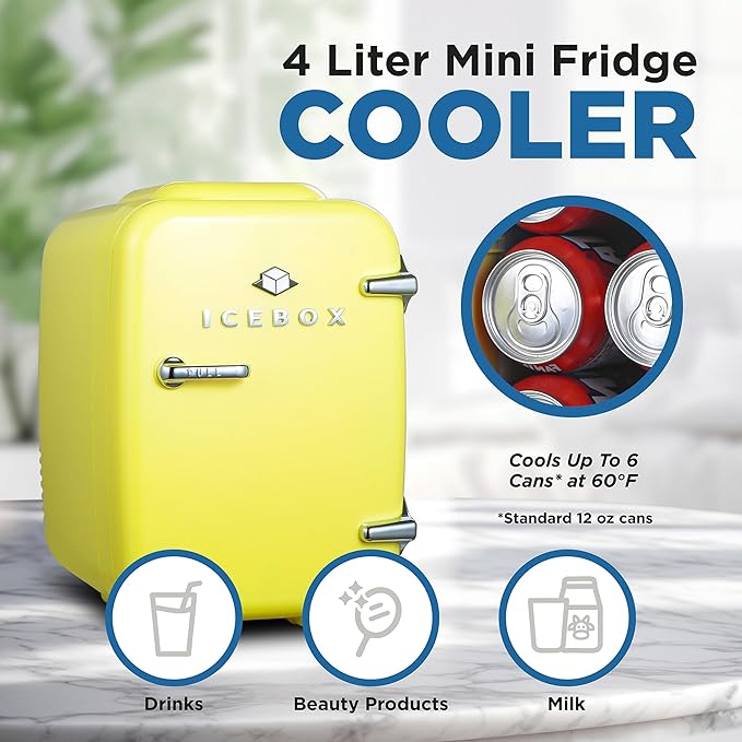 ICEBOX IBMF4SUN Mini Fridge For Bedroom, Skincare Refrigerator, Portable Cooler & Warmer for Makeup, for Office & Home, Mini (4 L / 6-Can), Sun Yellow