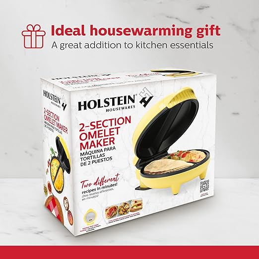 Holstein Housewares Stainless Steel 2 Section Omelet & Frittata Maker, Non Stick Coating, Easy To Clean, Indicator Lights, Compact Storage, Prepare Versatile Recipes in Minutes. 2 Portions, Yellow