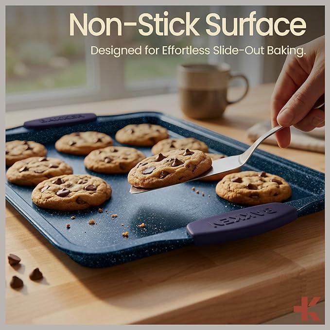 BAKKEN Kitchen Baking Pan Set - Nonstick Coating, Carbon Steel Bakeware Sets with Blue Silicone Handles, Baking Kitchen Essentials, PFOA, PFOS, PTFE Free, Oven Safe Tray (Up To 450° F), Set of 18