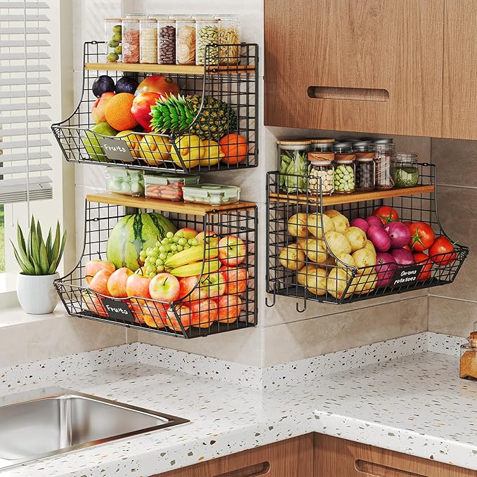 3 Pack Extra Large Fruit Basket for Kitchen with Wood Lid Nameplate - Counter&Wall Mounted Onion and Potato Storage Bin, Stackable Metal Hanging Wire Baskets,15.74 * 8.66 * 10.63 inch