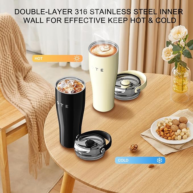 OTE 30OZ Tumbler with Handle, 316 Stainless Steel Water Bottle with Straw, 800ML Vacuum Insulated Bottle, Insulated Travel Mug, Tumbler for Office or Home, Cup Holder Friendly, Keep Hot/Cold (Beige)