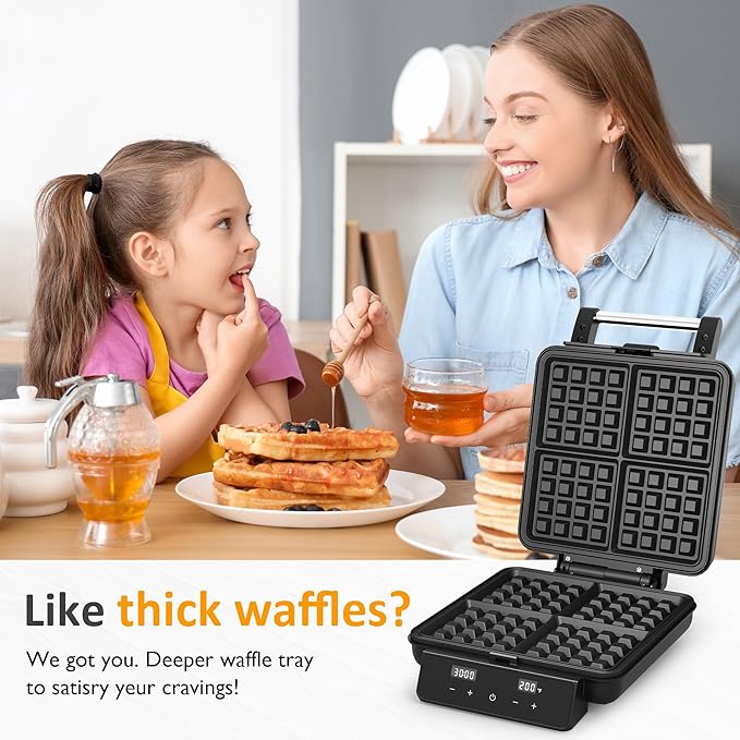 Sunvivi Waffle Maker Machine 4 Slices with Quick Heat-Up, Time & Temperature Control, LCD Display, Nonstick Surface, Perfect Waffle Iron for Kids and Families, Stainless Steel, Silver