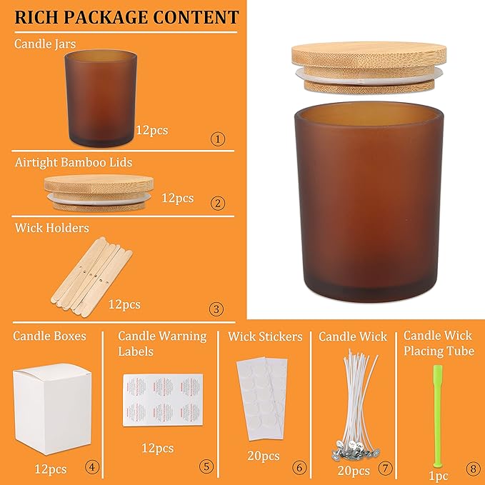 MILIVIXAY 12 Pack 10 OZ Frosted Amber Glass Candle Jars with Lids and Candle Making Kits - Bulk Empty Candle Jars for Making Candles - Spice, Powder Containers.