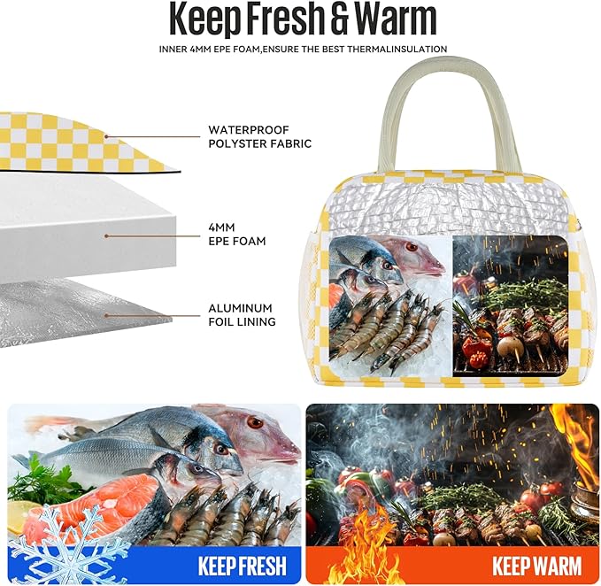 douyadady Lunch Bag Women/Men Lunch Box Women/Men (Yellow+White Checkerboard)