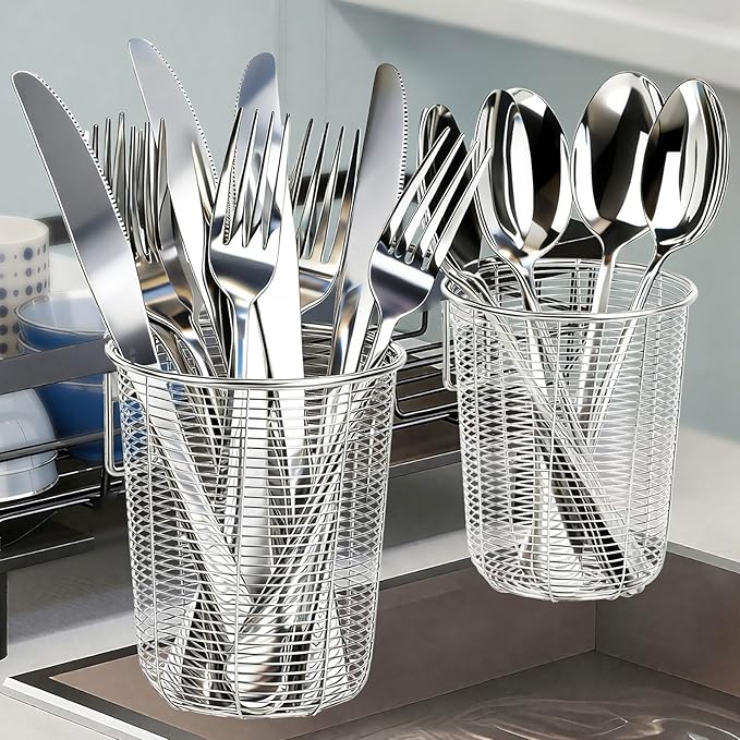 Dish Rack, Stainless Steel Kitchen Drain Basket, Compact Utensil Drying Rack Dishwasher Accessory, Hanging Cutlery and Utensil Organizer, Set of 2
