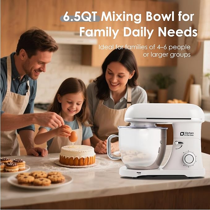 Kitchen in the box Stand Mixer - 6.5 Quart Mixing Bowl with Handle, 900 Watt Heavy Bread Dough Standing Mixers Tilt-head with Dough Hook, Whisk, Flat Beater and Splash Guard (Cream)