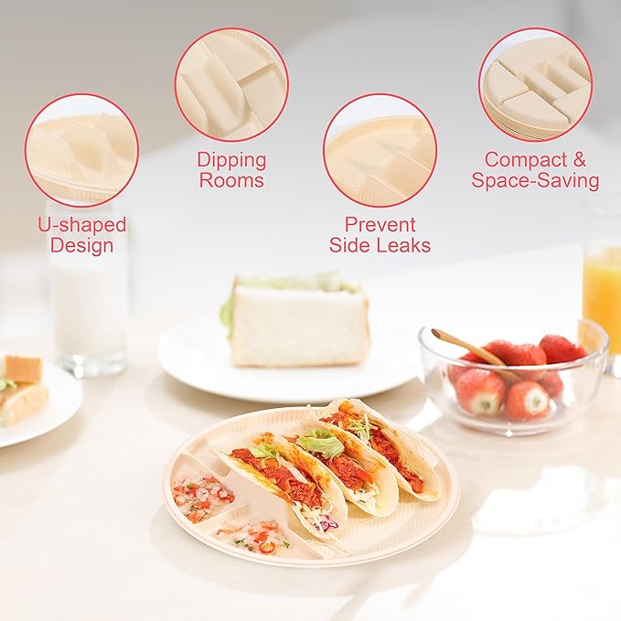 LUVCOSY 10'' Large Disposable Taco Plates, 3-Taco & 4-Sides, Biodegradable Cornstarch Taco Holder, Big Size Fit Soft & Hard Tortilla, Sturdy & Microwave Safe, Bar Serving Set For A Party- 40 Pack