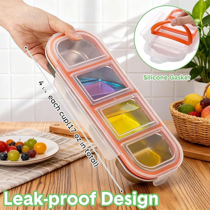 6 Pcs Stainless Steel Snack Containers with Leak Proof Lids, 4 Compartments Metal Bento Lunch Box, Reusable Stackable Divided Food Storage Containers for Meal Prep Daycare, Work