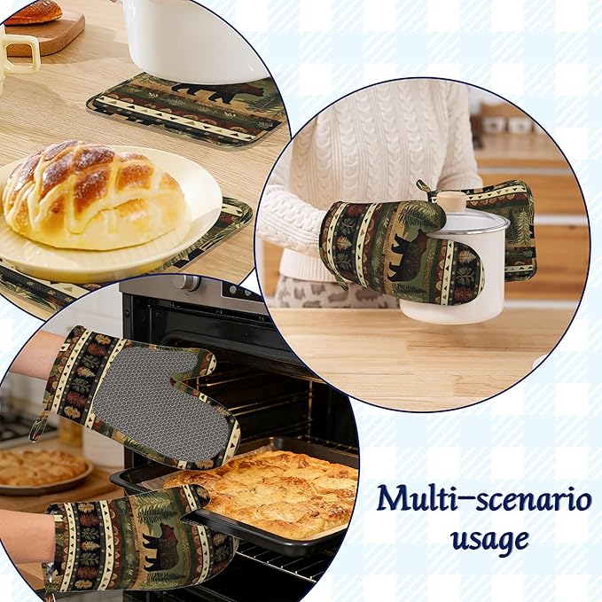 Oven Mitts and Pot Holders Sets Rustic Bear Silicone Kitchen Mits Potholders Cabin Forest Mountain Heat Resistant 4Pcs Oven Gloves Hot Pads for Baking Cooking BBQ Grilling Home Decor