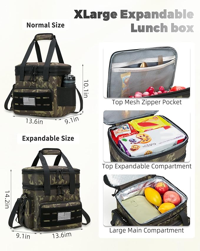 holuxer Tactical Lunch Bag & Lunch Box for Men - Large Double Deck Expandable Insulated Soft Adult Lunchbox for Work - Cooler Bag for Beach, Picnic, Camping,Outdoor，Travel (Camo,23L)