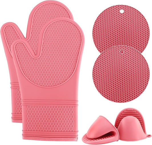 COOK WITH COLOR Silicone Oven Mitts- Heat Resistant Gloves with Soft Quilted Lining Oven Mitt Pot Holders for Cooking and BBQ, Pink, Mitt Set