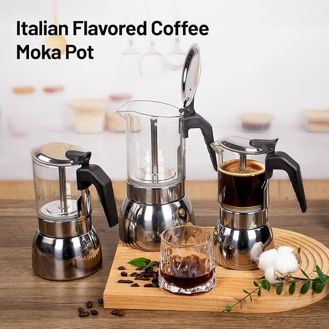 9 Cup Glass Clear Moka Pot Thickened 304 Stainless Steel Stovetop Espresso Maker Italian Coffee Machine 450ml 15oz Classic Mocha Cafe Greca Coffee Suitable for Gas Induction