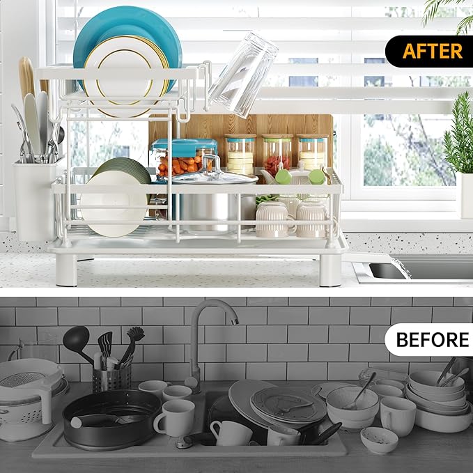 Dish Drying Rack, 2 Tier Dish Racks for Kitchen Counter, Compact Dish Drainer Rack, Detachable Dish Rack with Drainboard, Utensil Holder, Cup Holder for Small Space - White