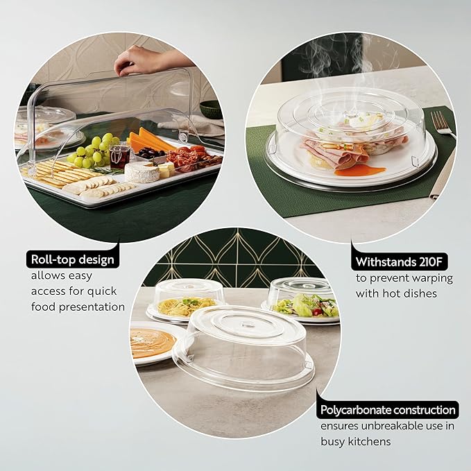 Restaurantware Cater Tek 21 Inch Polycarbonate Plate Covers 10 Shatterproof Dish Covers - Dishwashable For 21 Inch Plates Clear Plastic Tray Covers Flap Handle Design Endures Up To 210F