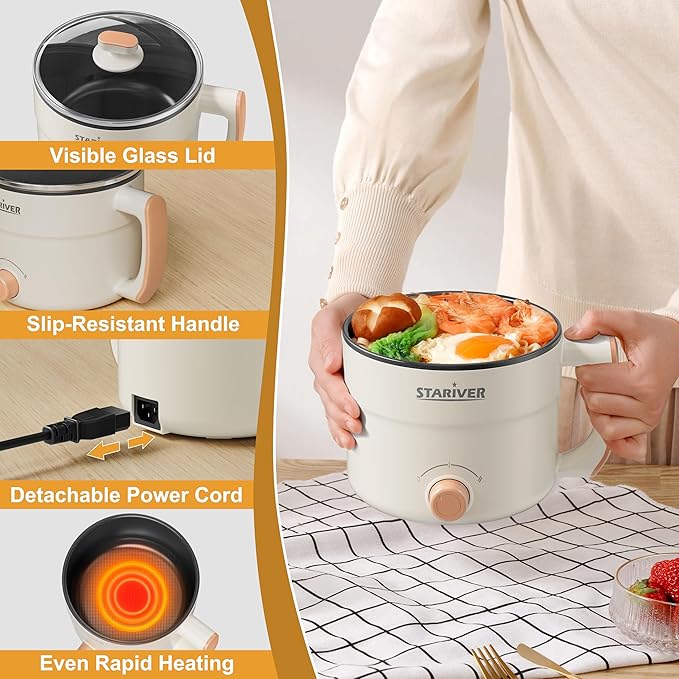 Stariver 1.5L Electric Hot Pot - Mini Portable Electric Pot, Non-Stick Noodle Cooker for Ramen, Soup, Pasta, Egg, Oatmeal - Overheat & Boil-Dry Protection - Ideal for Dorm, Office, Travel Gift
