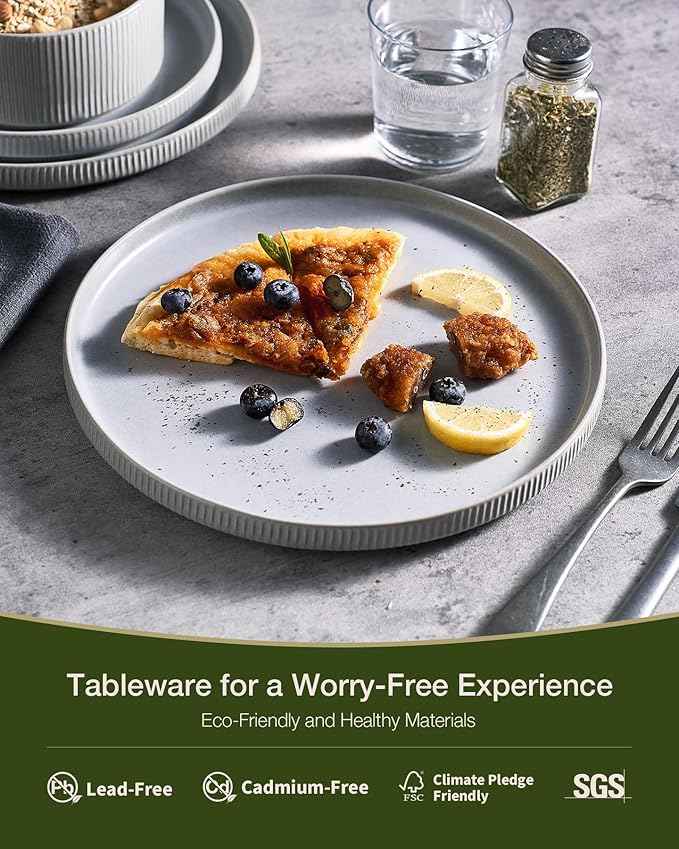 Famiware Star Dinnerware Set, Plates and Bowls Sets for 6 (18pcs), Ribbed Stoneware Dishes - Chip & Scratch Resistant, Microwave & Dishwasher Safe Kitchenware, Matte Gray