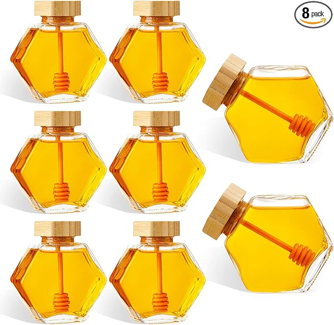 Sunnyray 8 Pcs Glass Honey Jars with Dipper Hexagonal Clear Glass Dispenser Small Honey Containers Bottle with Wooden Dipper and Cork Lid for Home Storage Kitchen (220 ml)