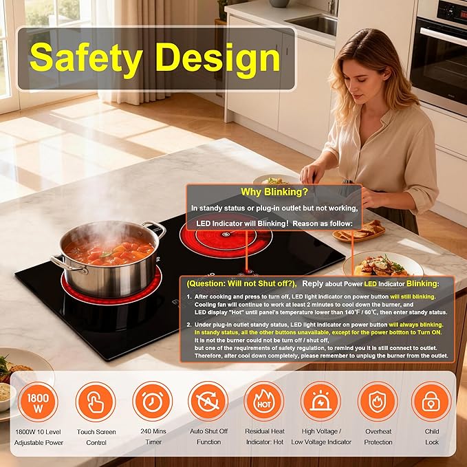 Dual Coils Design of Double Burner Electric Cooktop, 1800W Commercial Ceramic Infrared Cooking Hot Plate, Portable Countertop or 24in Built-in Radiant Stove Top Cooker with WATT n TEMP Heating Control