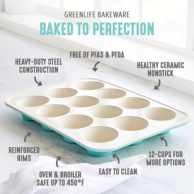 GreenLife 12-Cup Muffin Pan,PFAS-Free Healthy Nonstick Baking Tray,11.4" x 1.9" x 15.9",Durable Ceramic Bakeware,Cupcakes,Egg Bites,Tarts,Brownies,Turquoise,(Pack of 6)