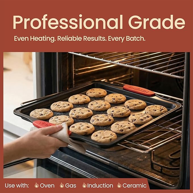 BAKKENMASTER Baking Set – 6 Piece Kitchen Oven Bakeware Set – Deluxe Non-Stick Black Coating Inside and Outside – Carbon Steel – Red Silicone Handles – PFOA PFOS and PTFE Free by Bakken