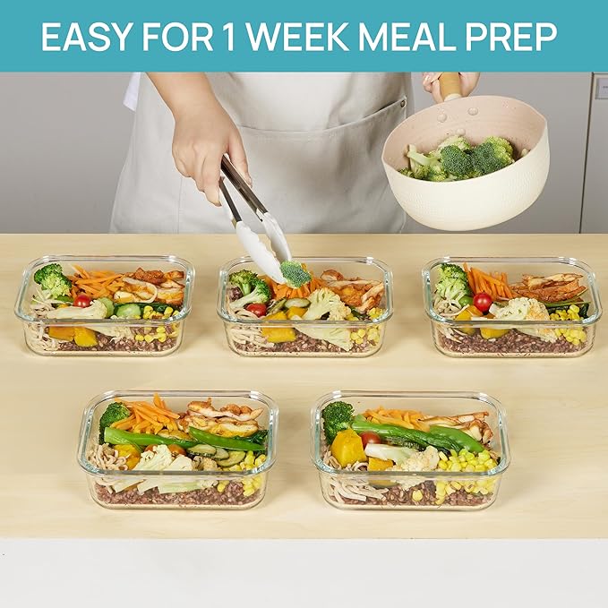 Vtopmart 5 Pack 35oz Glass Food Storage Containers with Lids, Meal Prep Containers, Airtight Reusable Lunch Container Set, Safe for Oven, Microwave, Freezer, and Dishwasher, Pink