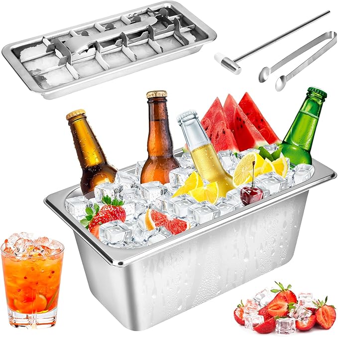 Stainless Steel Ice Cube Trays and Bucket, Metal Ice Cube Mold Trays for Freezer, Vintage Design with Release Lever Remove Handle for Making Large Cubes Kitchen Bar (Tweezers & Hammer)