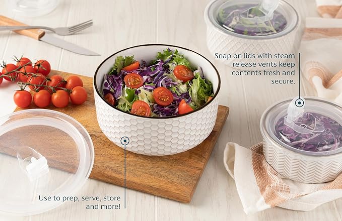KooK Serving Bowls, with Lids, Ceramic Nesting Bowls, Set of 4, Embossed, Kitchen, Prep, Stackable, Gift, Microwave and Dishwasher Safe, 16/29/47/70 oz, Narbonne Collection (Ivory)