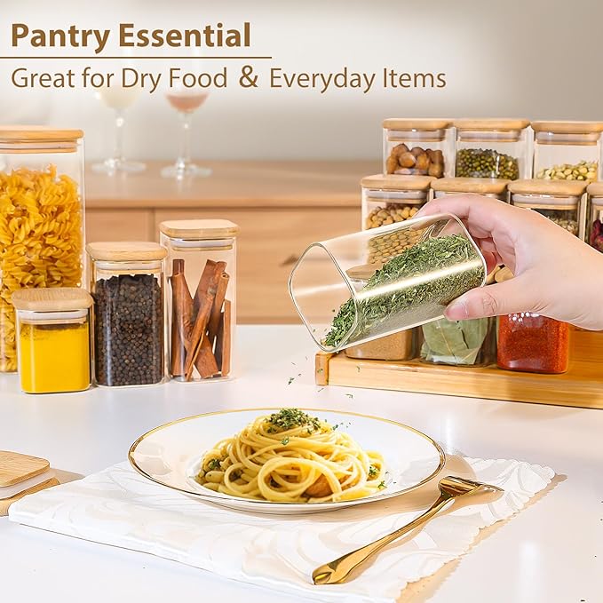 TBWIND 20 Pack 8 oz Square Glass Spice Jars with Lids and Labels – Airtight Small Spice Containers Set, Clear Glass Storage Jars for Seasoning, Spices, Kitchen Pantry Organization