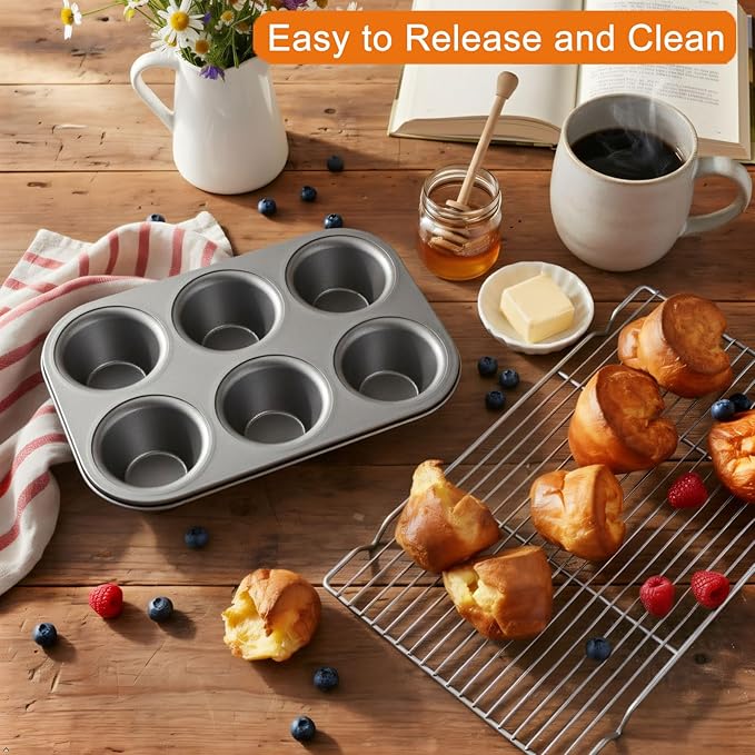 Nonstick Popover Pan, Extra Deep,6-Cup Capacity, Heavy-Duty Steel,13x9inch,Compact Design Fits Small Ovens,450°F Oven Safe