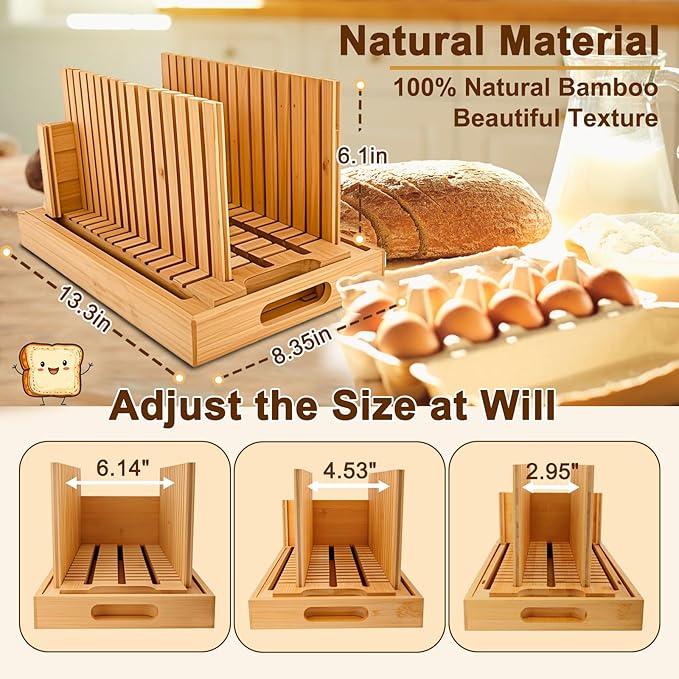 Bread Slicer for Homemade Bread, Bamboo Bread Slicing Guide Adjustable Width, Foldable and Compact Cutting Guide with Crumb Tray for Cakes, Bagels, Loaves, Kitchen Gadgets & Gifts (Knife Not Included)