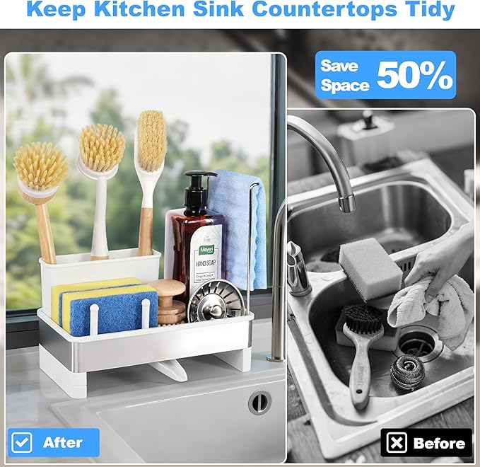Kitchen Sink Caddy Organizer, Stainless Steel Sponge Holder, Kitchen Caddy Sink Organizer with Dish Brush Holder and Dishcloth Rack, Rustproof Dish Sponge Drying Rack for Countertop Storage