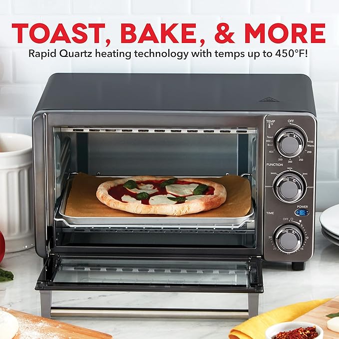 Dash Express Toaster Oven - Space-Saving Countertop Design - Versatile Use with adjustable temperature dial & Quick Heat-Up System - Dishwasher Safe Accessories - Bake, Broil & Toast - Black