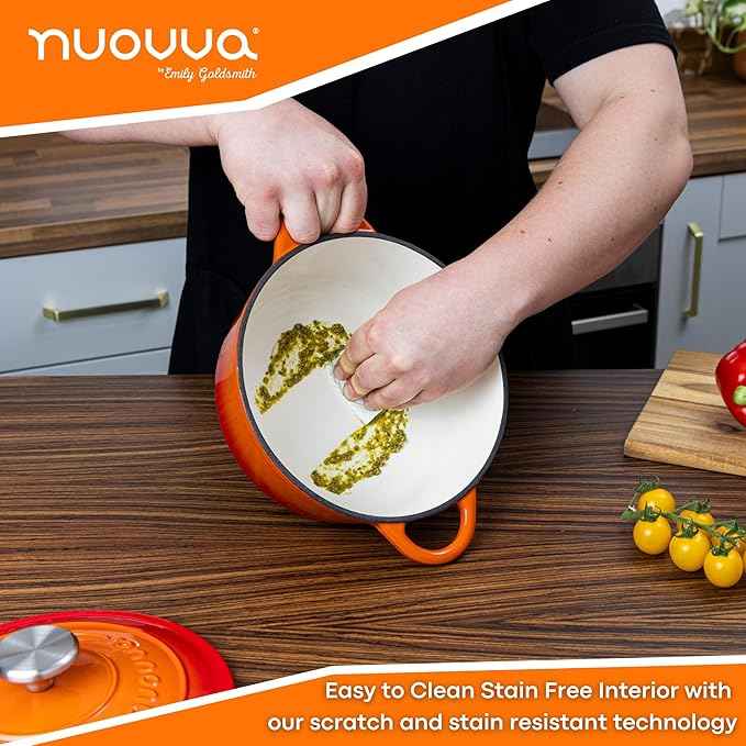 Cast Iron Dutch Oven with Lid – Non-Stick Ovenproof Enamelled Casserole Pot – Sturdy Dutch Oven Cookware – Orange, 3.1-Quart, 22cm – by Nuovva