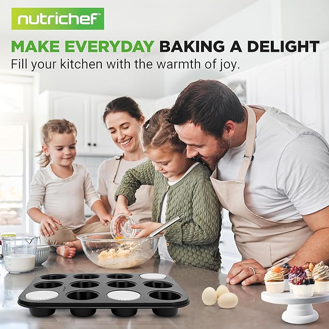 NutriChef Muffin Pans for Baking 2-Pack | Nonstick 12 Mold Cupcake Tins | Carbon Steel Stackable Cup Cake Trays | Dishwasher & Oven Safe | Includes 100 Parchment Paper Liners | 13 x 10 x 1 | Black