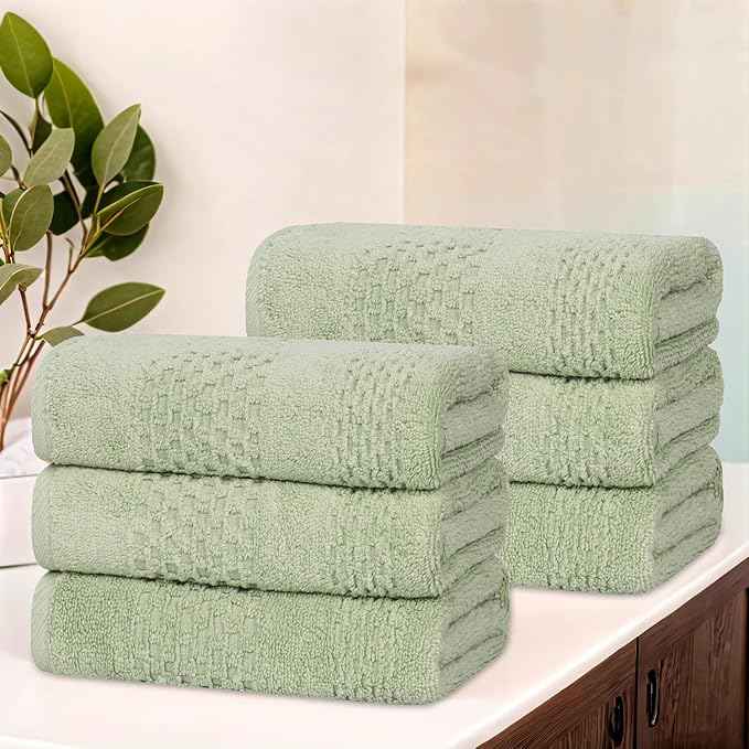 Superior Playa Zero Twist Cotton Medium Weight Towels, For Kitchen, Bathroom, Shower, Spa, Plush, Quick Dry, Ultra-Soft Towels, Bath Essentials, Waffle Textured, Absorbent Hand Towels, Set of 6, Green