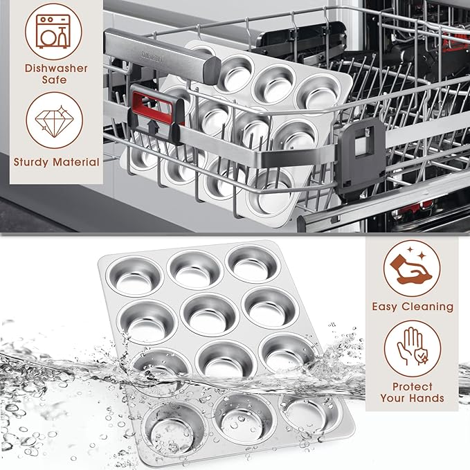 P&P CHEF Muffin Pan Cupcake Baking Pan Set, Stainless Steel Muffin Tin Tray for Mini Cake Tart Quiche, Oven & Dishwasher Safe, Non-toxic & Heavy-duty, (12 Cup, 1Pc)