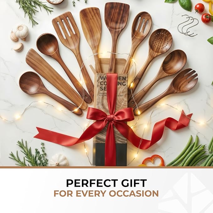 Wooden Spoons for Cooking – 10 Pcs Premium Teak Wooden Utensil Set with Hooks - Durable, Nonstick Safe, Easy to Clean & Heat Resistant with Ergonomic Handles