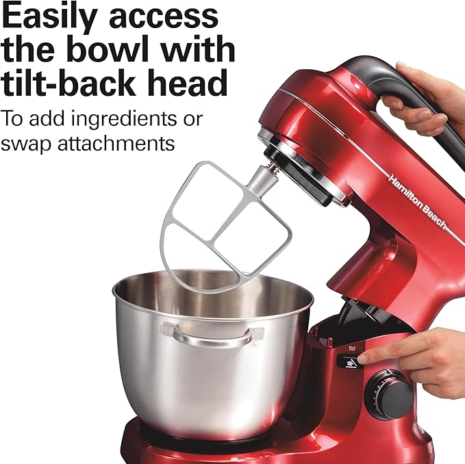 Hamilton Beach Electric Stand Mixer, 4 Quarts, Dough Hook, Flat Beater Attachments, Splash Guard, 7 Speeds with Whisk, Easy-Carry Top Handle, Red