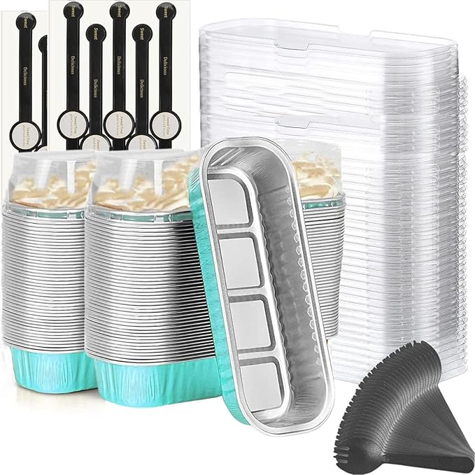 Findful Mini Loaf Baking Pans with Lids And Spoons (100 Pack, 6.8oz) Rectangle Aluminum Foil Baking Pans Tins Containers - Cupcake Containers Wrappers Cheesecake Creme Brulee Ramekins