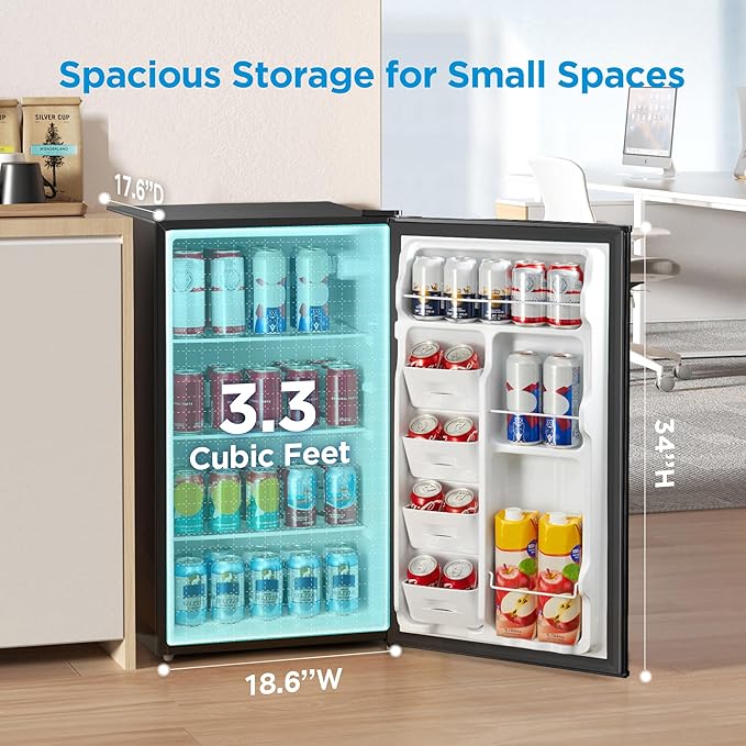 Midea MERM33S1ABB Mini Fridge, 3.3 Cu.ft Compact Fridge with Internal Light, Adjustable Thermostat, Reversible Door, Low Noise for Dorm, Office, Bedroom Black