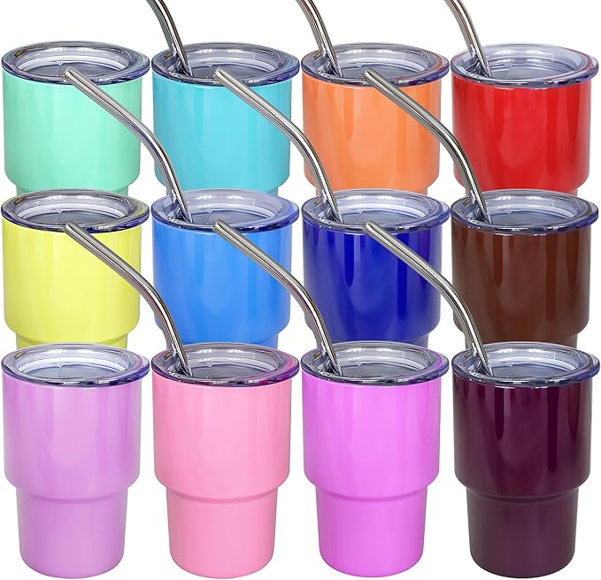 UIRZOTN 3oz Mini Tumbler Shot Glass with Straw and Lid, 12 Pack Stainless Steel Sublimation Shot Glasses for Wedding Party Whiskey Cocktail Bar with Straw and Lid